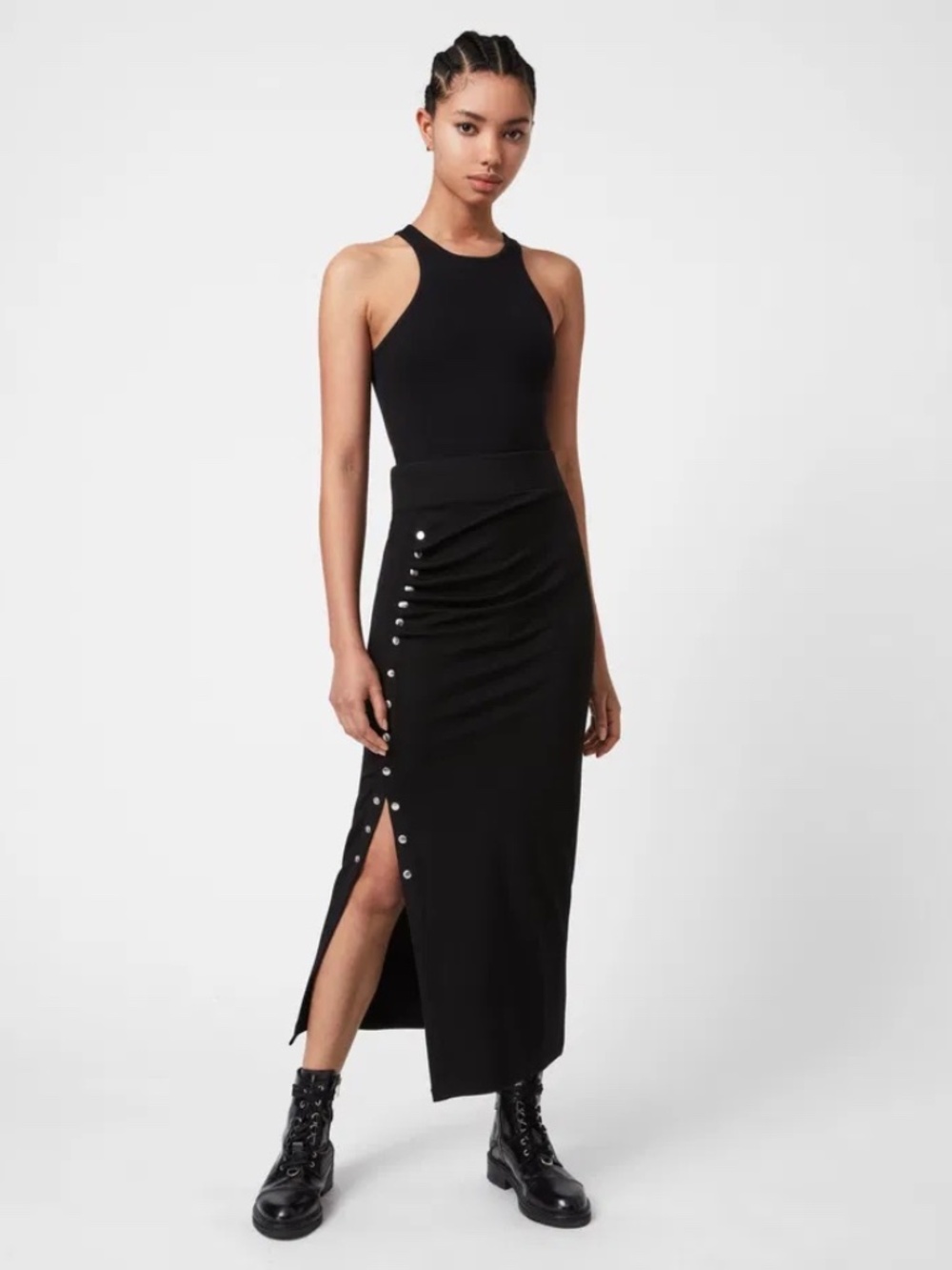 ALLSAINTS Hatti Skirt Sz UK 6 US 2 Maxi Midi Black Chic All Saints Snap Silver